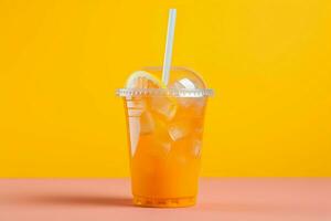 Zesty lemonade cocktail in a plastic cup pops on a colorful background AI Generated photo