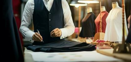 Attentive tailor in Asian workshop refines dress on mannequin with care AI Generated photo