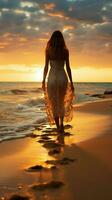 Beachside solitude, woman s feet leave imprints on sunrise kissed sand Vertical Mobile Wallpaper AI Generated photo