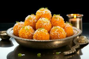 Culinary gems Motichoor laddu, a dessert treasure, each orb a burst of delight AI Generated photo