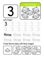 Word And Number Three Tracing Book Interior Worksheet Page With Coloring And Counting Activities vector