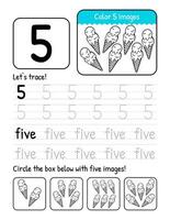 Word And Number Five Tracing Book Interior Worksheet Page With Coloring And Counting Activities vector