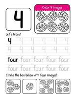 Word And Number Four Tracing Book Interior Worksheet Page With Coloring And Counting Activities vector