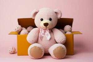 Charming teddy bear in craft box, isolated on pink with copy space AI Generated photo