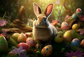 Ai generative photo happy bunny with many easter eggs on grass festive background for decorative design