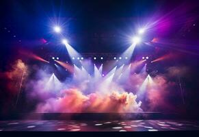 Ai generative Concert Stage Scenery With Spotlights Colored Lights Smoke photo