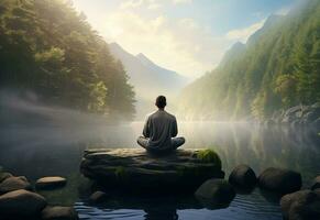 ai generative photo of a man practicing mindfulness and meditation in a peaceful natural environment sony A7s realistic image, ultra hd, high design very detailed