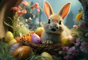 Ai generative photo happy bunny with many easter eggs on grass festive background for decorative design