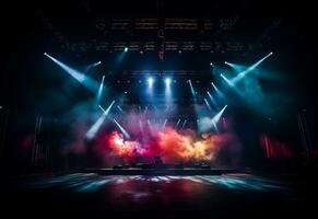 Ai generative Concert Stage Scenery With Spotlights Colored Lights Smoke photo