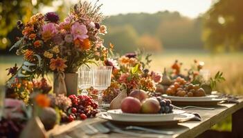 Autumn table scape, autumnal dinner table setting, holiday tablescape for wedding, birthday or party event celebration, generative ai photo