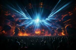 Ai generative Crowded Concert Stage Scenery With Spotlights and Colored Lights realistic image, ultra hd photo