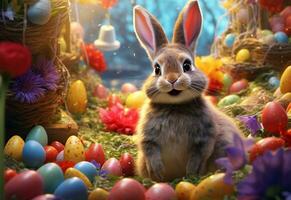 Ai generative photo happy bunny with many easter eggs on grass festive background for decorative design