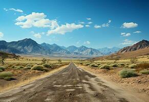 ai generativo foto la carretera claro cielo Desierto montañas paisaje realista imagen, ultra alta definición, alto diseño muy detallado