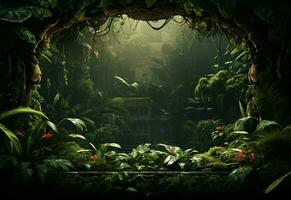 Ai Generative Beautiful jungle background with border made of tropical leaves backdrop with copy space photo