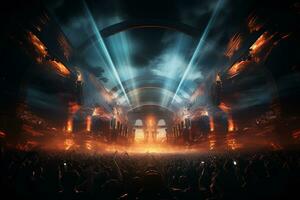 Ai generative Crowded Concert Stage Scenery With Spotlights and Colored Lights realistic image, ultra hd photo