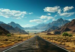 Ai generative Photo Road Clear Sky Desert Mountains Landscape realistic image, ultra hd, high design very detailed