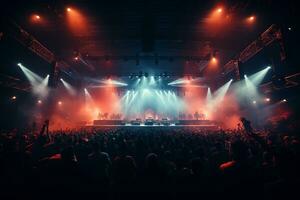 Ai generative Crowded Concert Stage Scenery With Spotlights and Colored Lights realistic image, ultra hd photo