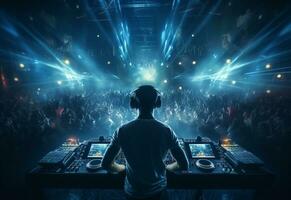 Ai generative DJ playing and mixing music in nightclub party at night . EDM dance music club with crowd of young people photo