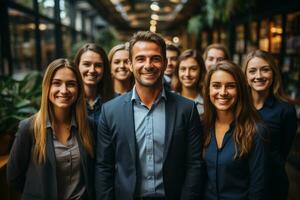 Ai Generative group of happy business man and business women, dressed in suits are smiling, in the office photo