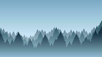 pino bosque en el niebla vector ilustración. pino bosque en el montaña silueta paisaje. pino bosque paisaje para fondo, fondo de pantalla o aterrizaje página. conífero panorama noche escena