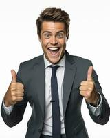 Ai generative photo business concept portrait of excited man dressed in formal wear giving thumbs up