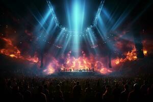 Ai generative Crowded Concert Stage Scenery With Spotlights and Colored Lights realistic image, ultra hd photo