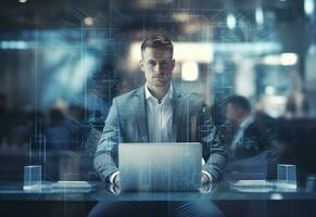 Ai generative double exposure photo of a business man using laptop on his desk front view office background realistic image, ultra hd, high design very detailed