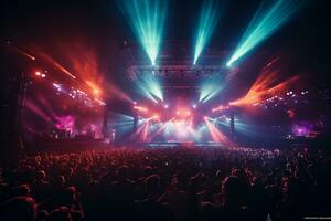 Ai generative Crowded Concert Stage Scenery With Spotlights and Colored Lights realistic image, ultra hd photo