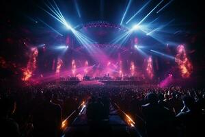 Ai generative Crowded Concert Stage Scenery With Spotlights and Colored Lights realistic image, ultra hd photo