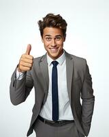 Ai generative photo business concept portrait of excited man dressed in formal wear giving thumbs up