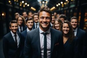 Ai Generative group of happy business man and business women, dressed in suits are smiling, in the office photo