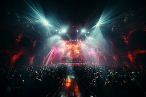 Ai generative Crowded Concert Stage Scenery With Spotlights and Colored Lights realistic image, ultra hd photo