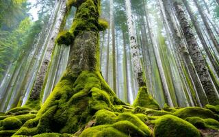Capturing Timeless Enchantment, A Reverent Glimpse into the Ancient Beauty of a Moss-Blanketed Forest. AI Generated photo