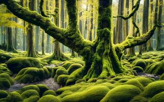 Capturing Timeless Enchantment, A Reverent Glimpse into the Ancient Beauty of a Moss-Blanketed Forest. AI Generated photo