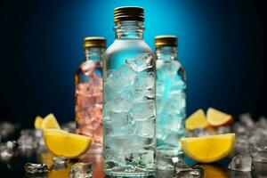 Icy brilliance enhances the allure of vibrant cocktail bottles in various colors AI Generated photo