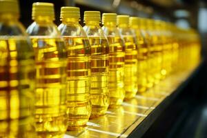 refinado girasol petróleo producción línea transportador sistema relleno botellas desde girasol semillas ai generado foto