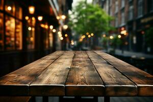 Aged wooden table platform amid caf blur versatile space for product display compositions AI Generated photo