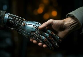 ai generativo apretón de manos, uno humano masculino mano, uno robot mano en un oficina antecedentes foto