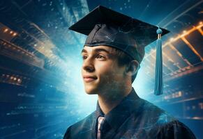 Ai Generative Double exposure photo of Young man with graduation cap technology background realistic image