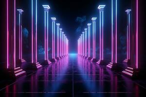 Neon-lit columns converge, framing a 3D backdrop for dynamic digital expression. AI Generated photo