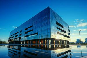 Modern business hub beneath clear blue sky, a reflection of corporate advancement. AI Generated photo