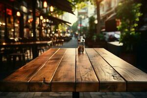 Blank wooden table amid caf blur ideal canvas AI Generated photo