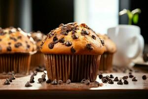 Irresistible chocolate chip muffin a sweet and comforting bakery delight AI Generated photo