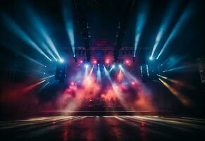 Ai generative Concert Stage Scenery With Spotlights Colored Lights Smoke photo