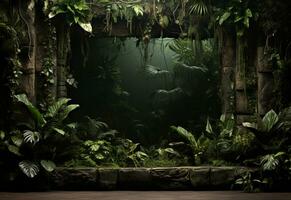 Beautiful jungle background with border made of tropical leaves backdrop with copy space photo