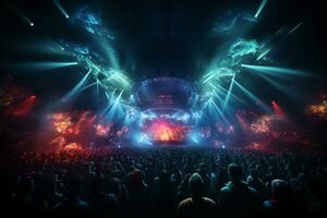 Ai generative Crowded Concert Stage Scenery With Spotlights and Colored Lights realistic image, ultra hd photo