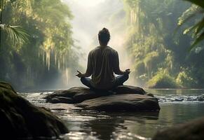 ai generativo foto de un hombre practicando atención plena y meditación en un pacífico natural ambiente sony a7s realista imagen, ultra alta definición, alto diseño muy detallado