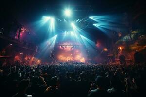 Ai generative Crowded Concert Stage Scenery With Spotlights and Colored Lights realistic image, ultra hd photo