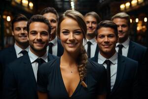 Ai Generative group of happy business man and business women, dressed in suits are smiling, in the office photo