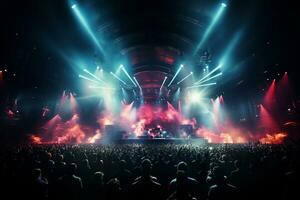 Ai generative Crowded Concert Stage Scenery With Spotlights and Colored Lights realistic image, ultra hd photo